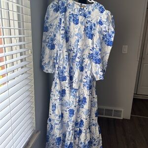 Blue and White Ruched Puff Sleeve Sundress